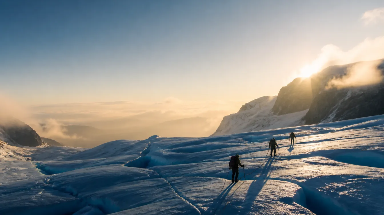Cordada en el glaciar — amanecer